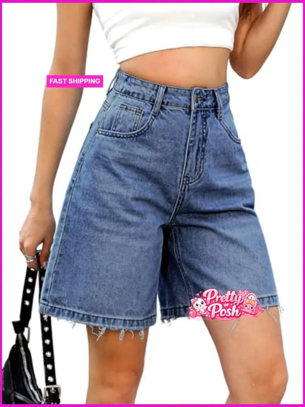 Baggy Bermuda Jean Shorts - Loose Fit Wide Leg Knee Length with Elastic Waist